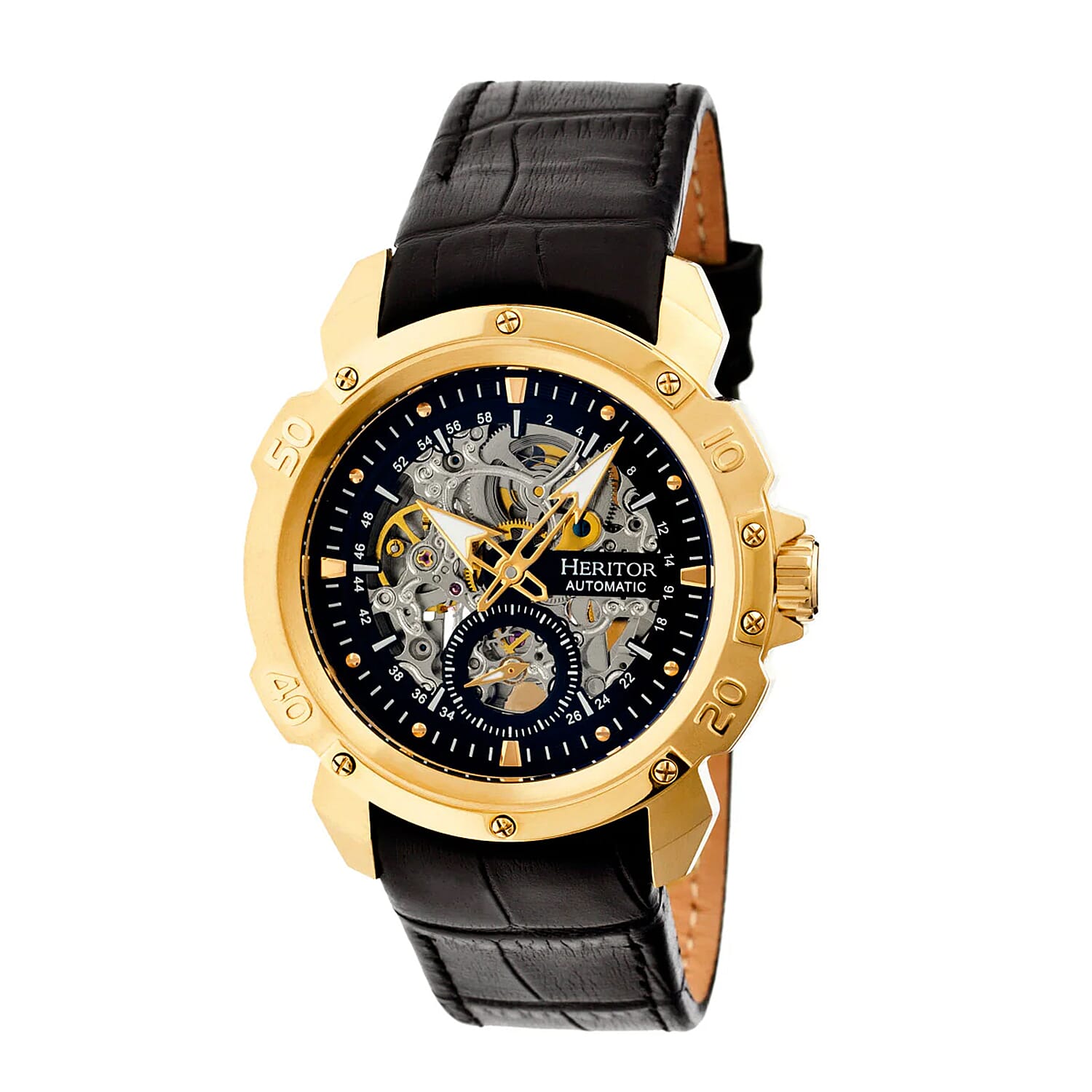 Mens Ganzi Heritor Automatic  Watch with a Gold Dial and a Black coloured Leather band, featuring a  Gold coloured Stainless Steel case with 5 ATM water resistance
