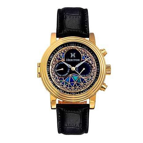 LEGACY HERITOR Automatic Movt. 5ATM WR Black Dial - Gold Case Mens Watch with Black Leather Strap