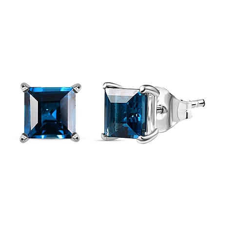 London Blue Topaz Solitaire Stud Push Post Earring in Rhodium Overlay Sterling Silver 2.80 Ct.