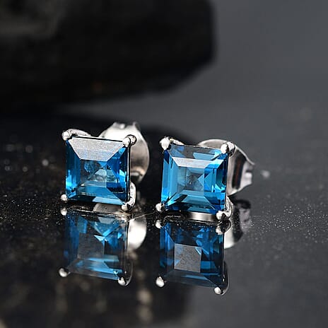 London Blue Topaz Solitaire Stud Push Post Earring in Rhodium Overlay Sterling Silver 2.80 Ct.
