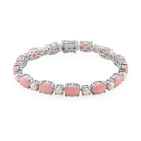 Queen Conch Shell & White Fresh Water Pearl Bracelet (Size - 7) in Rhodium Overlay Sterling Silver 20.80 Ct, Silver Wt. 10.60 Gms.
