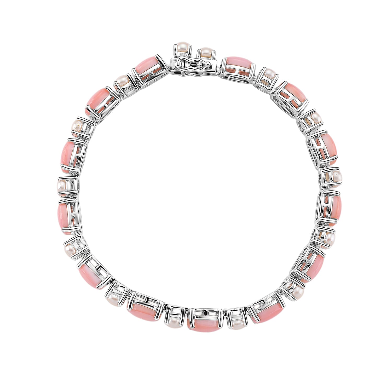 Pink Conch Shell & White Fresh Water Pearl Bracelet (Size - 7.5) in Rhodium OverlaySterling Silver 22.10 Ct, Silver Wt. 11 Gms.