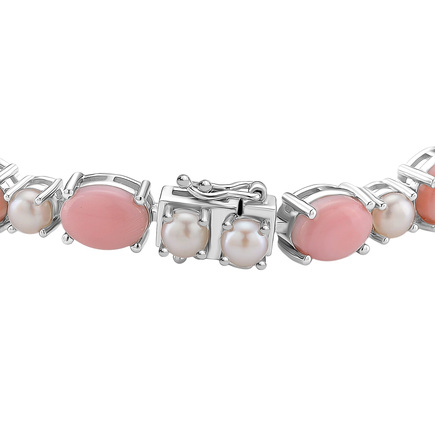 Pink Conch Shell & White Fresh Water Pearl Bracelet (Size - 7.5) in Rhodium OverlaySterling Silver 22.10 Ct, Silver Wt. 11 Gms.