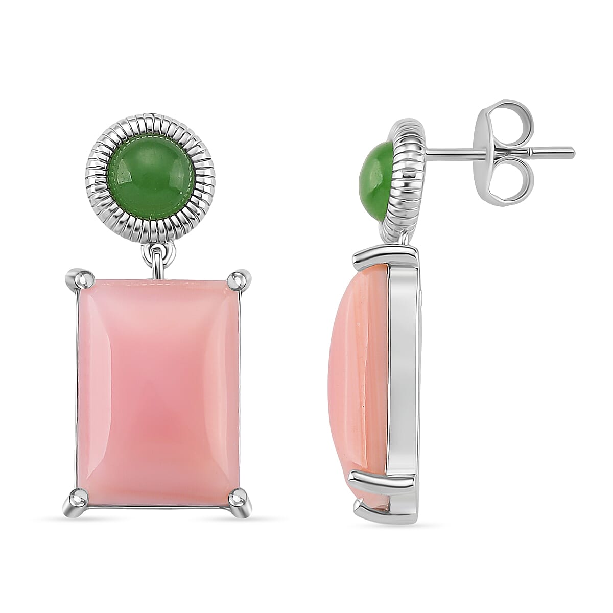 Queen Conch Shell & Green Jade Solitaire Stud Push Post Earring in Rhodium Overlay Sterling Silver 12.50 Ct.