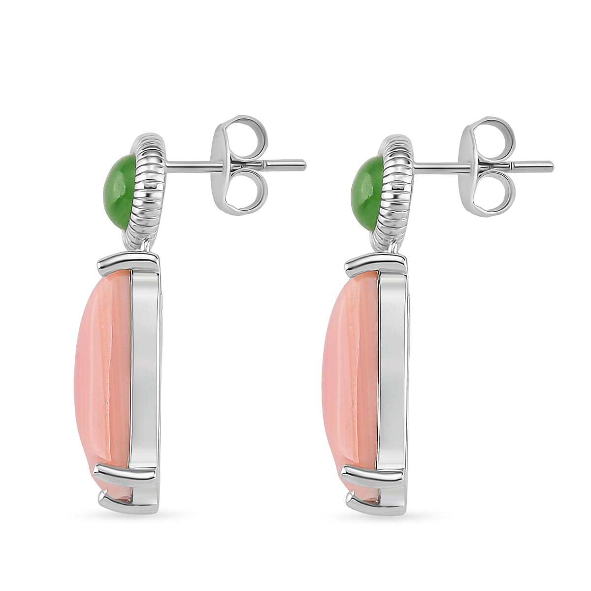 Queen Conch Shell & Green Jade Solitaire Stud Push Post Earring in Rhodium Overlay Sterling Silver 12.50 Ct.