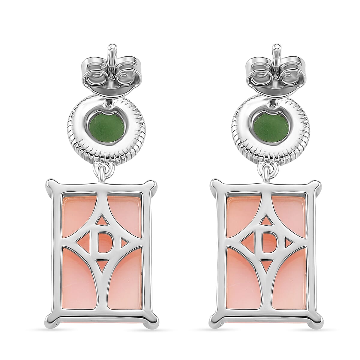 Queen Conch Shell & Green Jade Solitaire Stud Push Post Earring in Rhodium Overlay Sterling Silver 12.50 Ct.
