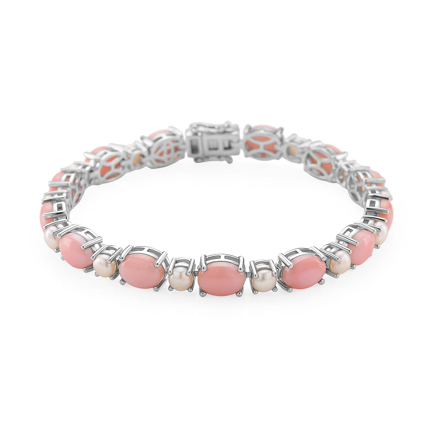 Pink Conch Shell and White Fresh Water Pearl Bracelet (Size - 8) in Rhodium Overlay Sterling Silver 23.70 Ct.