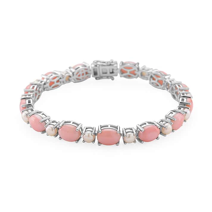 Pink Conch Shell and White Fresh Water Pearl Bracelet (Size - 8) in Rhodium Overlay Sterling Silver 23.70 Ct.