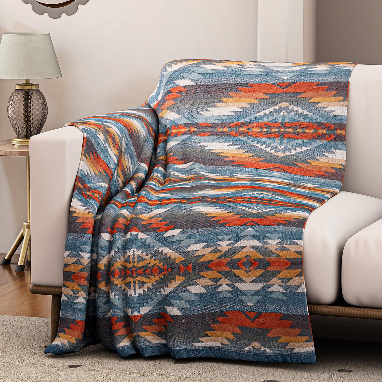 Striped Pattern Knitted Aztec Throw Cozy Blanket (50x70 inch) - Green & Orange
