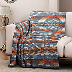 Striped Pattern Knitted Aztec Throw Cozy Blanket (50x70 inch) - Off-White, Brown & Yellow