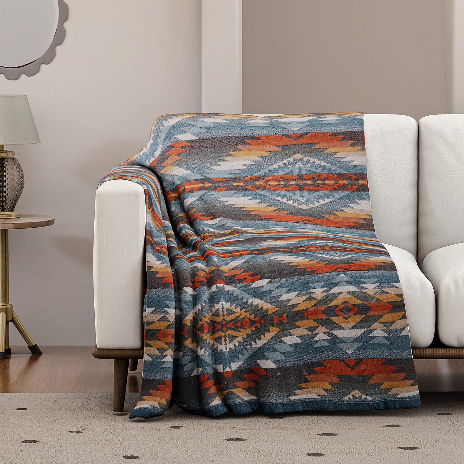 Striped Pattern Knitted Aztec Throw Cozy Blanket (50x70 inch) - Green & Orange