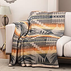 Striped Pattern Knitted Aztec Throw Cozy Blanket (50x70 inch) - Off-White, Brown & Yellow