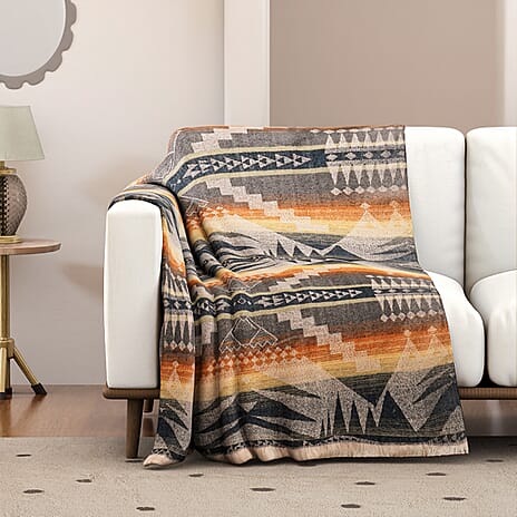 Striped Pattern Knitted Aztec Throw Cozy Blanket (50x70 inch) - Grey & Yellow
