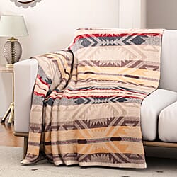 Striped Pattern Knitted Aztec Throw Cozy Blanket (50x70 inch) - Off-White, Brown & Yellow