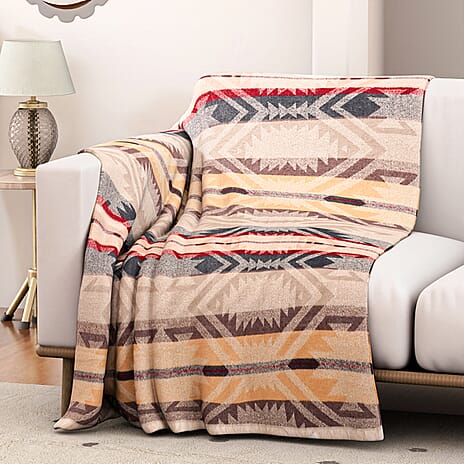 Striped Pattern Knitted Aztec Throw Cozy Blanket (50x70 inch) - Off-White, Brown & Yellow