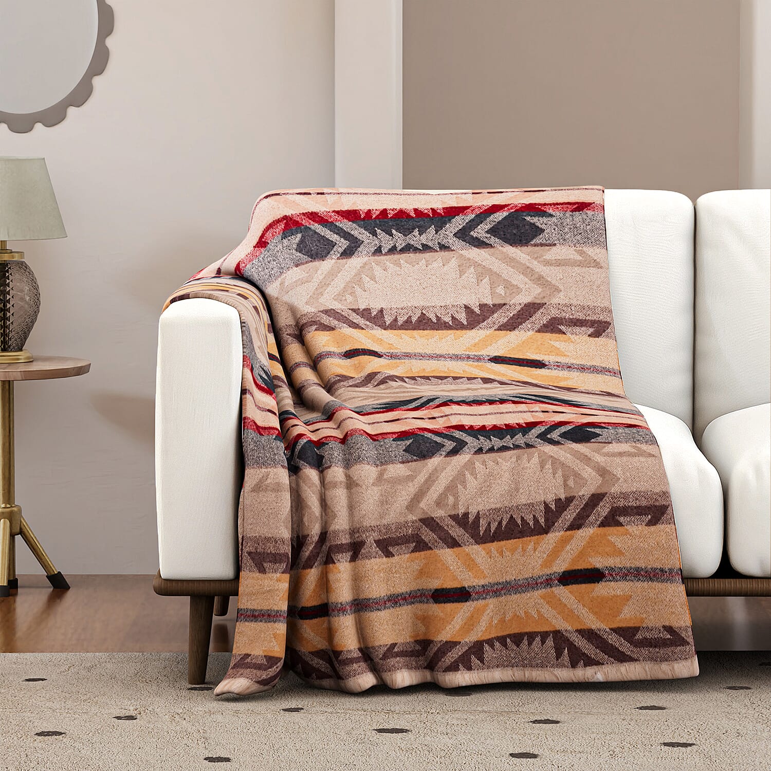 Striped Pattern Knitted Aztec Throw Cozy Blanket (50x70 inch) - Off-White, Brown & Yellow