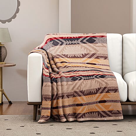 Striped Pattern Knitted Aztec Throw Cozy Blanket (50x70 inch) - Off-White, Brown & Yellow
