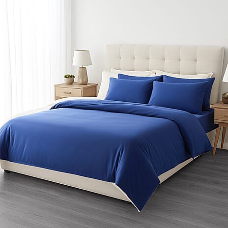 6 Piece Cotton Duvet Cover Set - Inc. 1 Duvet Cover, 1 Fitted Sheet with 2 Housewife & 2 Oxford Pillowcases (Double) - Blue