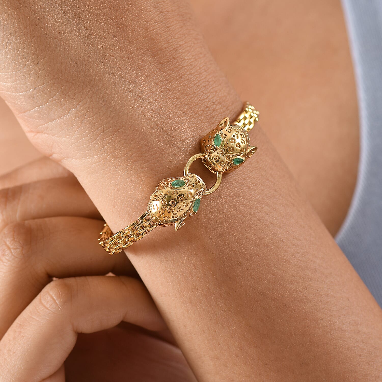 Designer Inspired - Premium Emerald Bracelet (Size - 7.5) with GB Lock Box in 18K Vermeil Yellow Gold Sterling Silver, Silver Wt. 23 Gms.