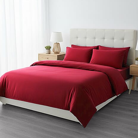 6 Piece Cotton Duvet Cover Set - Inc. 1 Duvet Cover, 1 Fitted Sheet with 2 Housewife & 2 Oxford Pillowcases (King) - Maroon