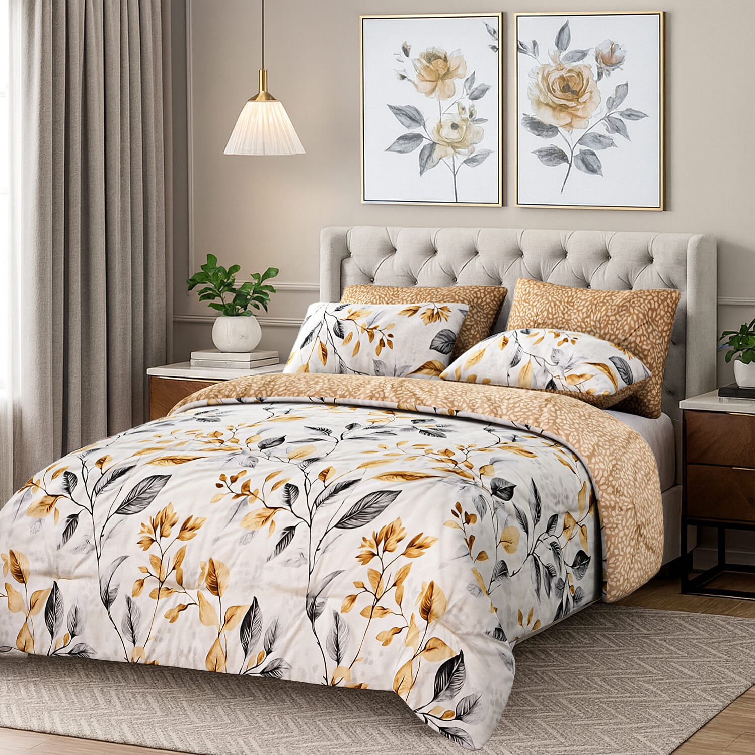 Homesmart 3 Piece Floral & Leaf Print Comforter Set Inc. 1 Comforter & 2 Pillowcases