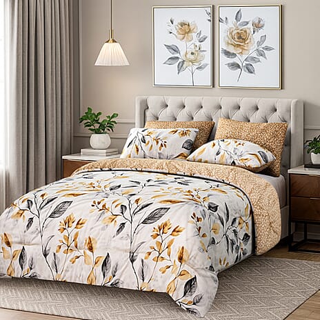 Homesmart 3 Piece Floral & Leaf Print Comforter Set Inc. 1 Comforter & 2 Pillowcases (Size UK Double) - Cream