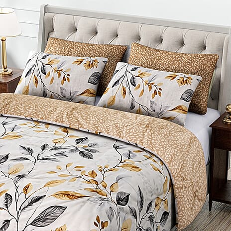 Homesmart 3 Piece Floral & Leaf Print Comforter Set Inc. 1 Comforter & 2 Pillowcases (Size UK Double) - Cream