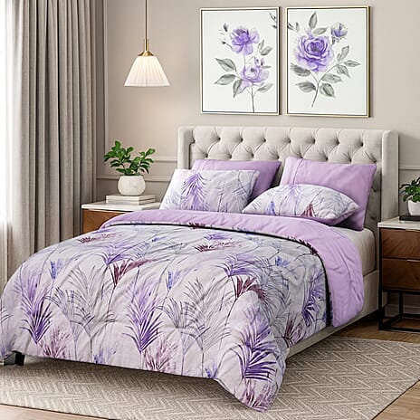Homesmart 3 Piece Floral & Leaf Print Comforter Set Inc. 1 Comforter & 2 Pillowcases (Size UK Double) - Purple