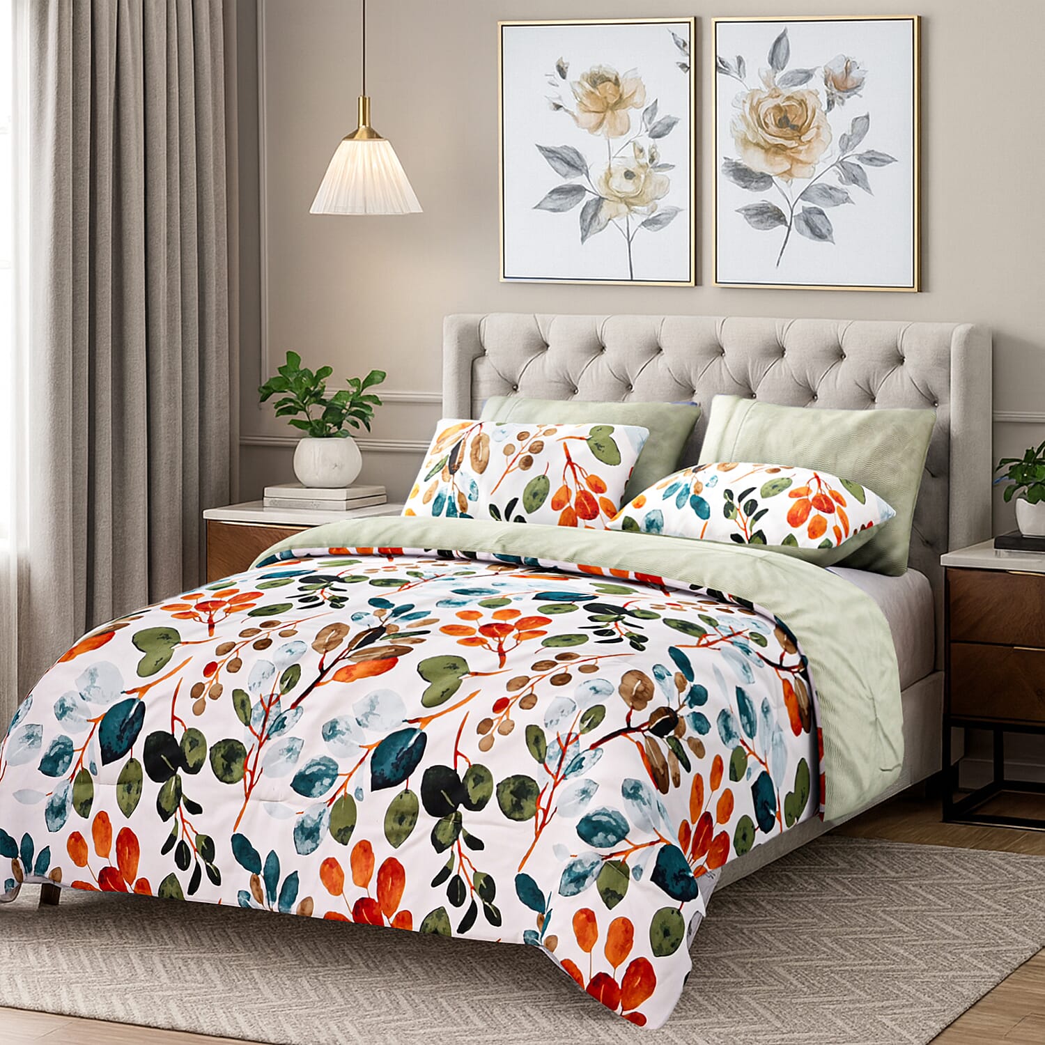 Homesmart 3 Piece Floral & Leaf Print Comforter Set Inc. 1 Comforter & 2 Pillowcases