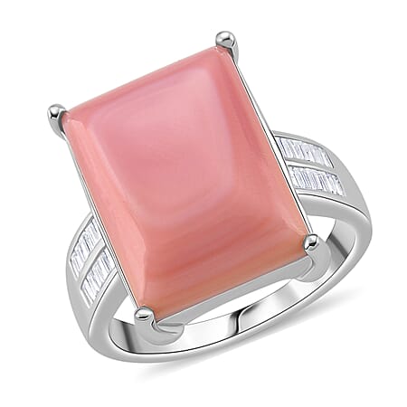 Pink Conch Shell and Moissanite Solitaire Ring in Rhodium Overlay Sterling Silver 10.87 Ct