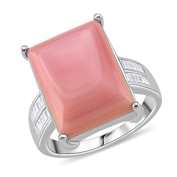 Pink Conch Shell and Moissanite Solitaire Ring in Rhodium Overlay ...