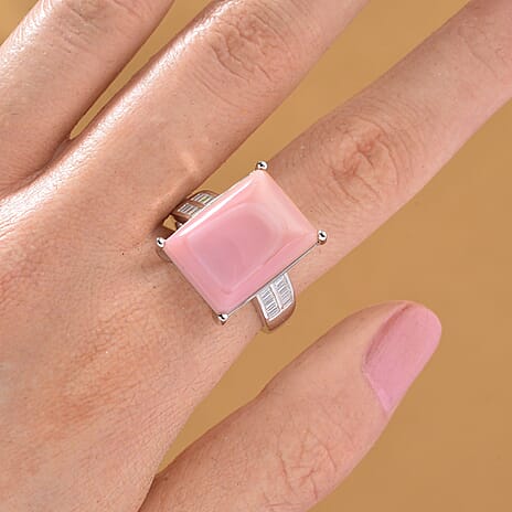 Queen Conch Shell & Moissanite Solitaire Ring in Rhodium Overlay Sterling Silver 10.87 Ct, Silver Wt. 5.40 Gms.