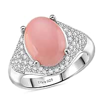 D'Joy Pink Conch Shell and White Zircon Ring in Rhodium Overlay Sterling Silver 5.80 Ct.