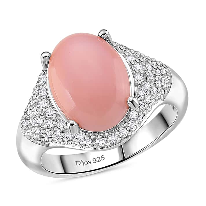 D'Joy Pink Conch Shell and White Zircon Ring in Rhodium Overlay Sterling Silver 5.80 Ct.