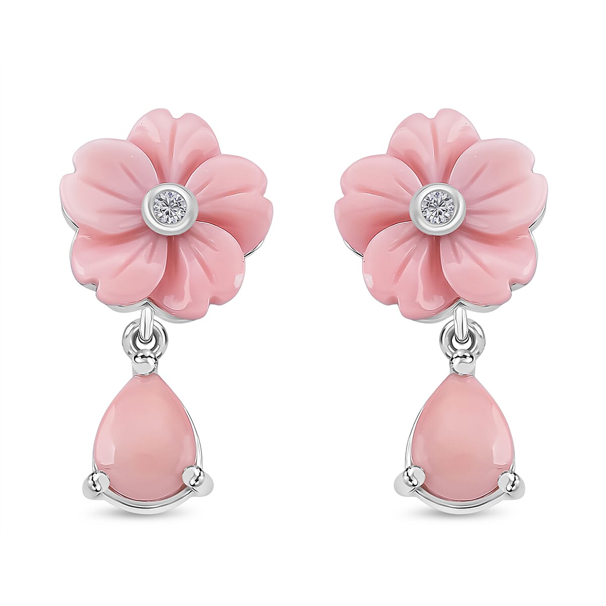 Queen Conch Shell & Moissanite Cluster Earring with Push Back in Rhodium Overlay Sterling Silver 8.27 Ct.