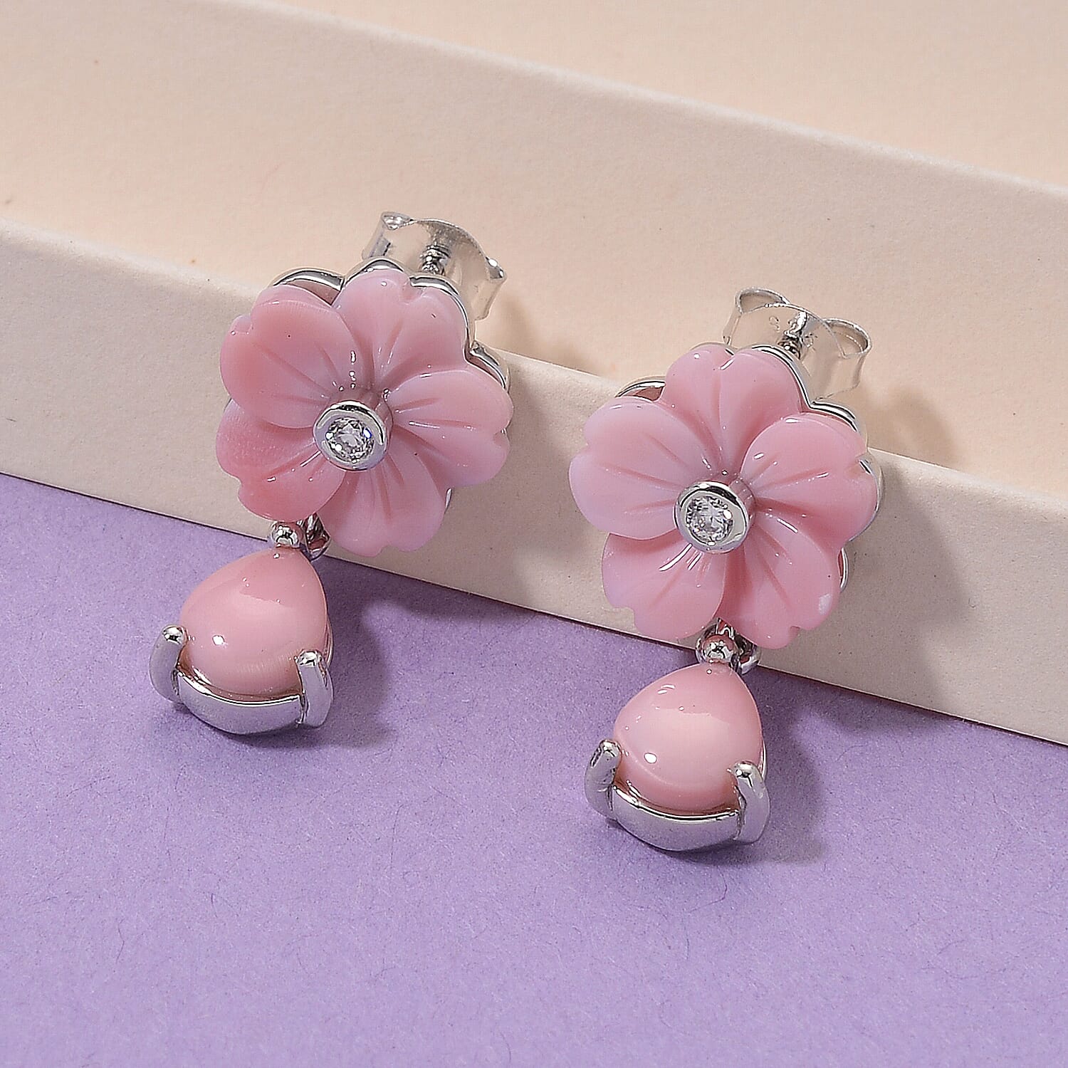 Queen Conch Shell & Moissanite Cluster Earring with Push Back in Rhodium Overlay Sterling Silver 8.27 Ct.