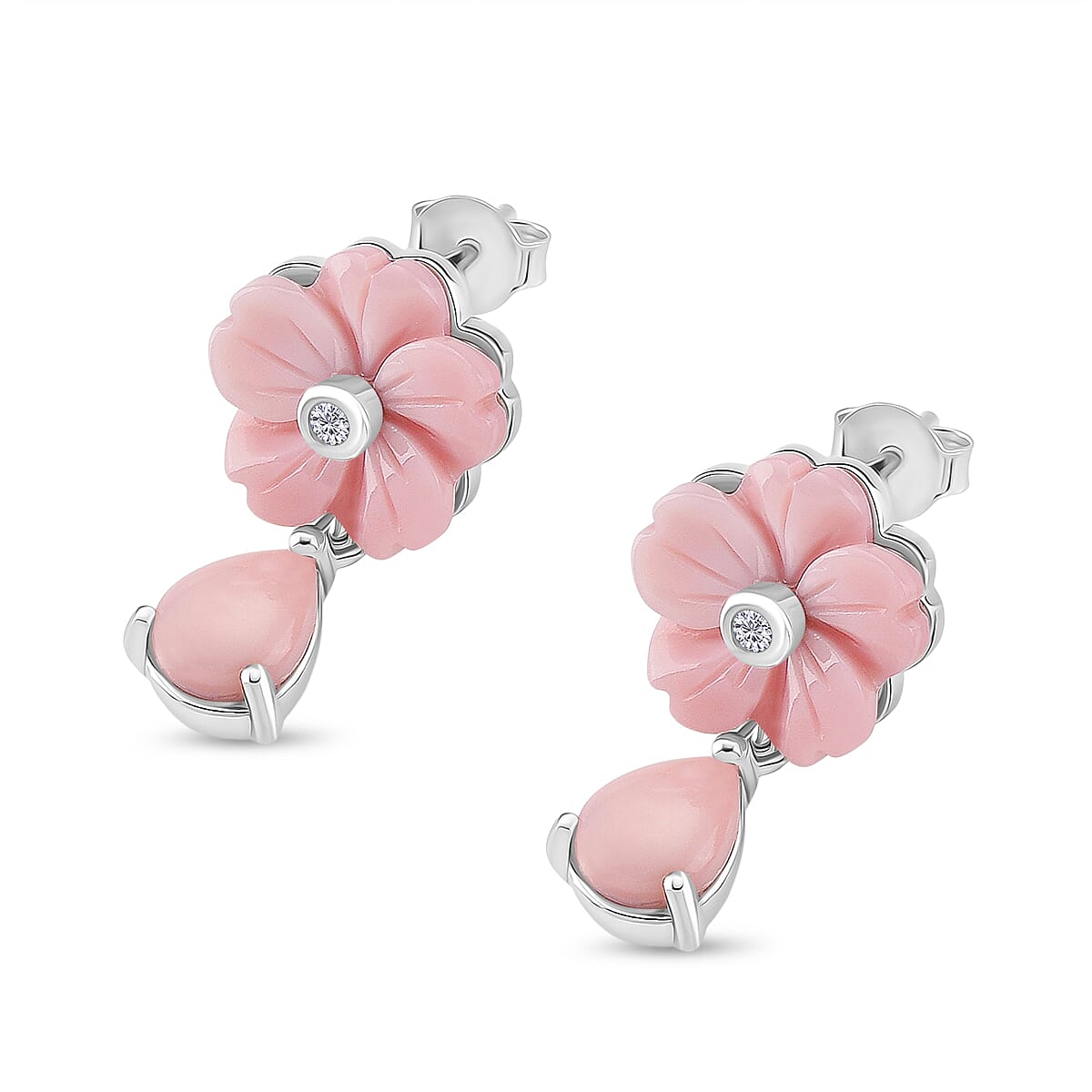 Queen Conch Shell & Moissanite Cluster Earring with Push Back in Rhodium Overlay Sterling Silver 8.27 Ct.