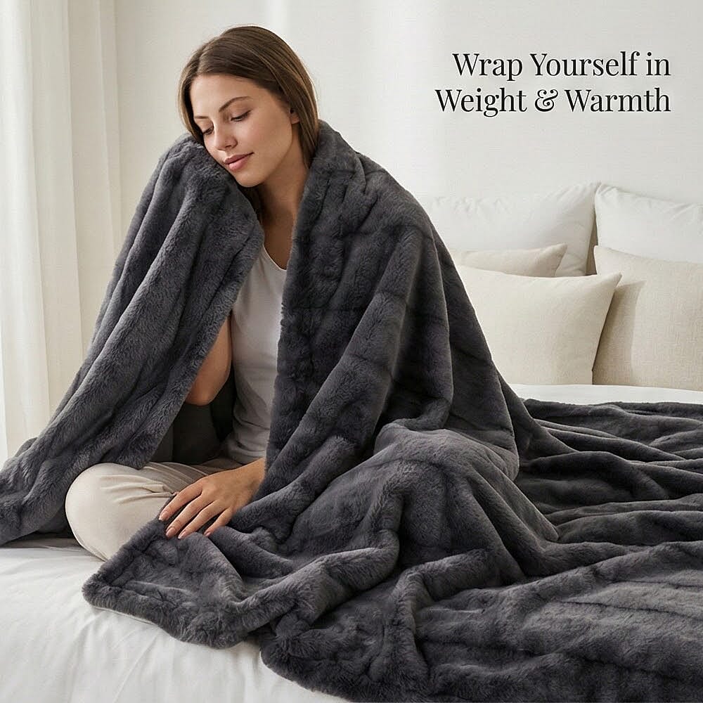 The Heaviest Weight Blanket at TJC - 1000 GSM Sumptuous Faux Rabbit Fur Double Layer Blanket With Thermal Lining Faux Mink Backing For Insulation (180x150 Cm) - Grey