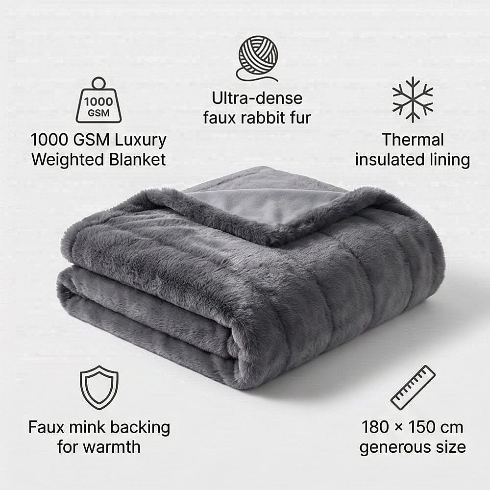 The Heaviest Weight Blanket at TJC - 1000 GSM Sumptuous Faux Rabbit Fur Double Layer Blanket With Thermal Lining Faux Mink Backing For Insulation (180x150 Cm) - Grey