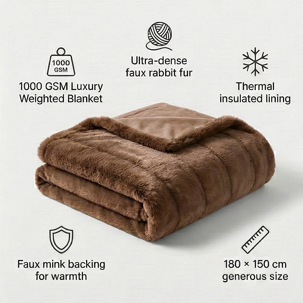 The Heaviest Weight Blanket at TJC - 1000 GSM Sumptuous Faux Rabbit Fur Double Layer Blanket With Thermal Lining Faux Mink Backing For Insulation (180x150 Cm) - Beige