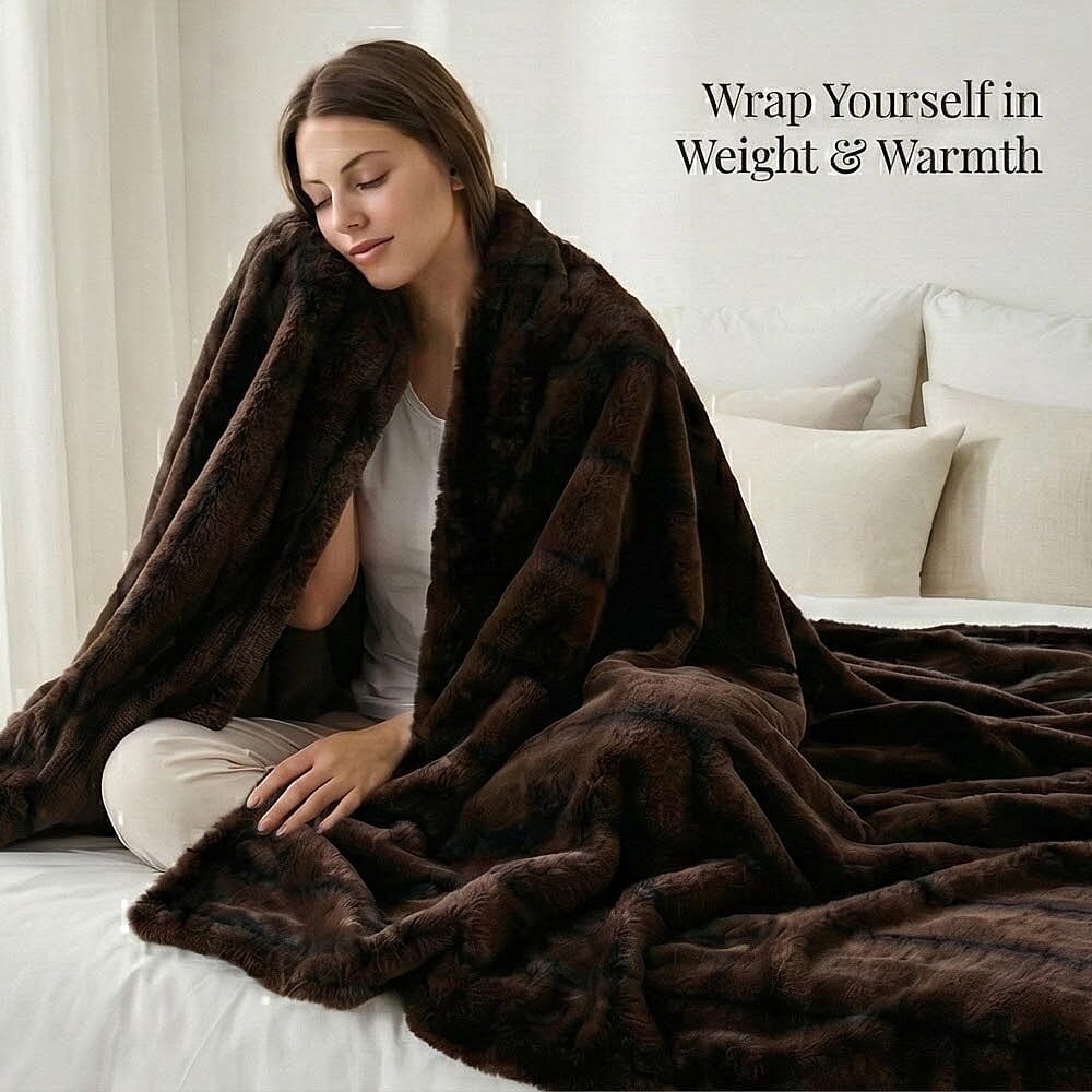 The Heaviest Weight Blanket at TJC - 1000 GSM Sumptuous Faux Rabbit Fur Double Layer Blanket With Thermal Lining Faux Mink Backing For Insulation (180x150 Cm) - Brown