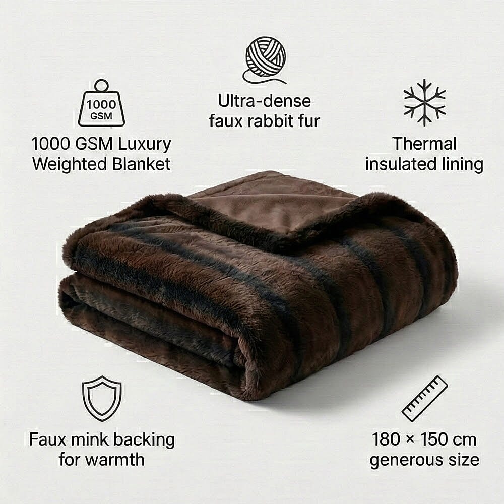 The Heaviest Weight Blanket at TJC - 1000 GSM Sumptuous Faux Rabbit Fur Double Layer Blanket With Thermal Lining Faux Mink Backing For Insulation (180x150 Cm) - Brown