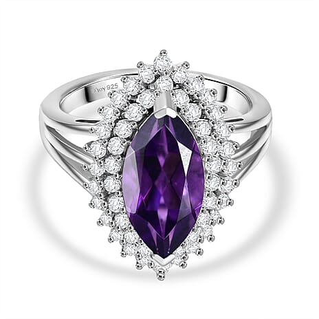 D'joy AAA African Amethyst & White Zircon Ring in Rhodium Overlay Sterling Silver 3.88 Ct.