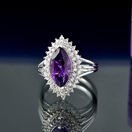 D'joy AAA African Amethyst & White Zircon Ring in Rhodium Overlay Sterling Silver 3.88 Ct.