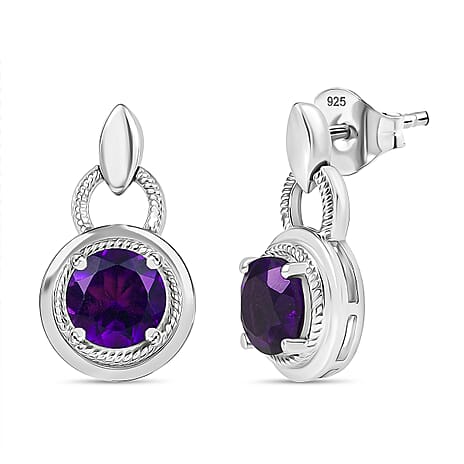 D'joy AAA African Amethyst Solitaire Stud Push Post Earring in Rhodium Overlay Sterling Silver 2.42 Ct.