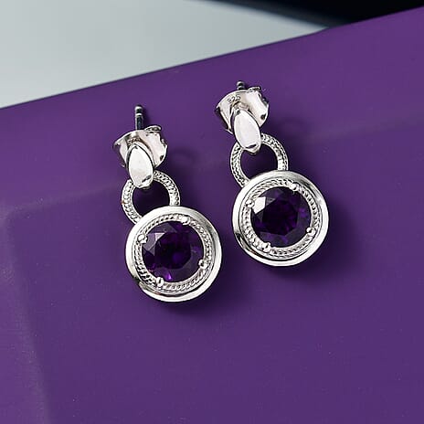 D'joy AAA African Amethyst Solitaire Stud Push Post Earring in Rhodium Overlay Sterling Silver 2.42 Ct.