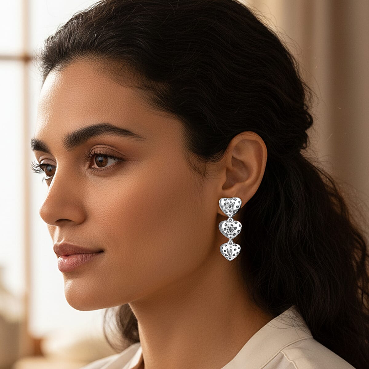 Designer Inspired Heart Earrings with Push Back in White Gold Plated