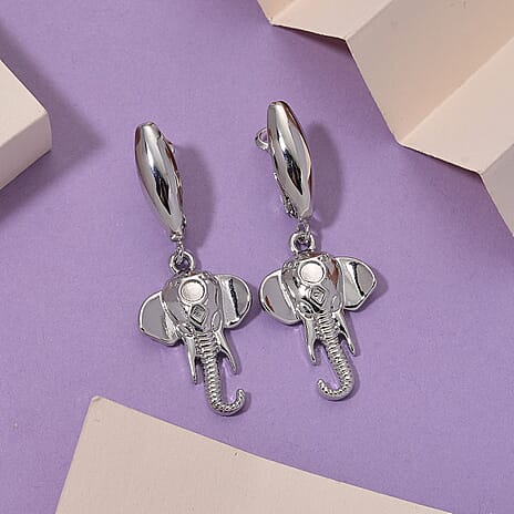 Designer Closeout - Elephant Earrings With Hinged Clasp in White Gold Plated