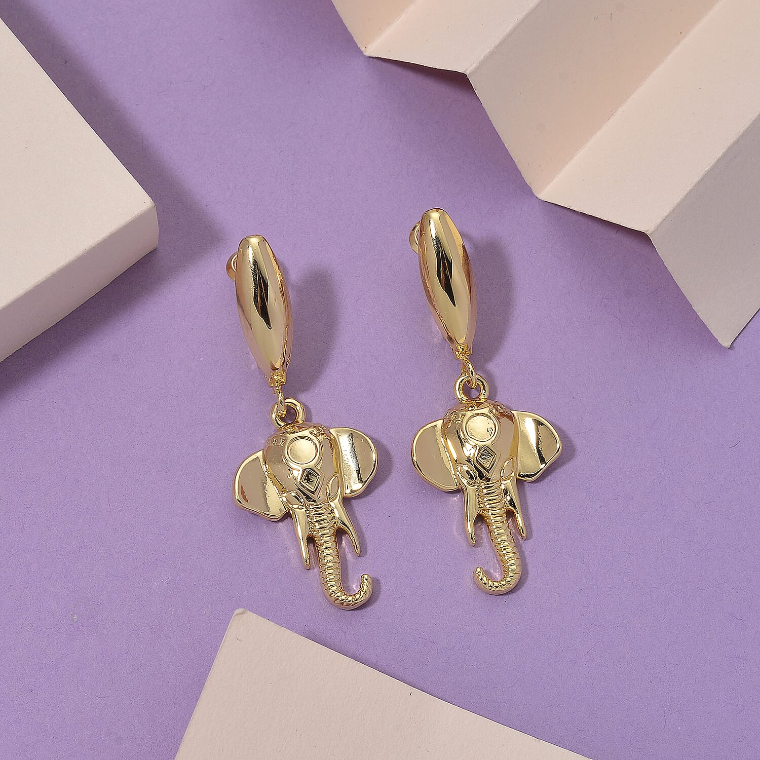 Designer Closeout - Elephant Earrings with Hinged Clasp in Yellow Gold Plated