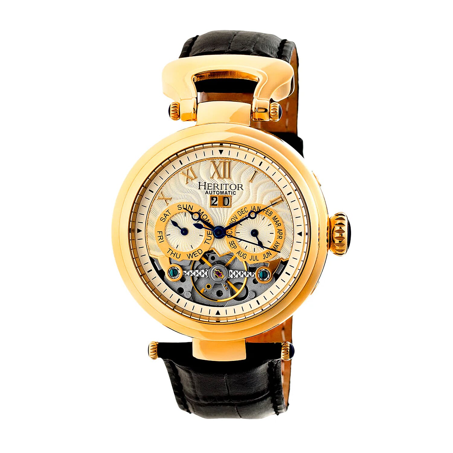 HERITOR Ganzi Automatic Movt. 5ATM Water Resistance Gold Dial Mens Watch with Black Leather Strap